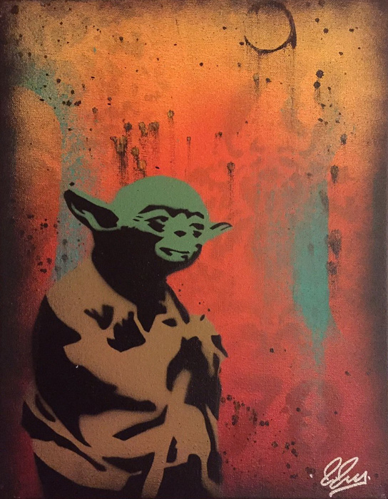 Star Wars Yoda Chris Cleveland   Spray-Gemälde auf Leinwand - signed spray paint