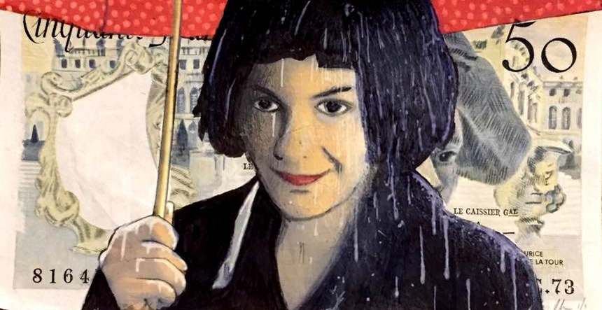 Amelie aime la pluie Original mixed media on real French bank note - Chris Boyle