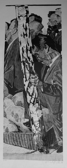 Volksvertreter an der Birke Lithografie Johannes Grützke Holzschnitt Radierung Schabradierung Offsetdruckt Druckgrafik Kaltnadelradierung
