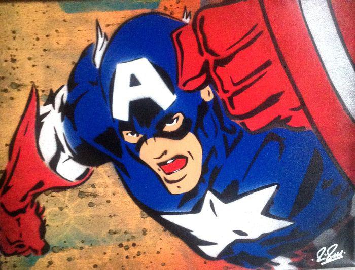 Captain America Chris Cleveland   Spray-Gemälde auf Leinwand - signed spray paint