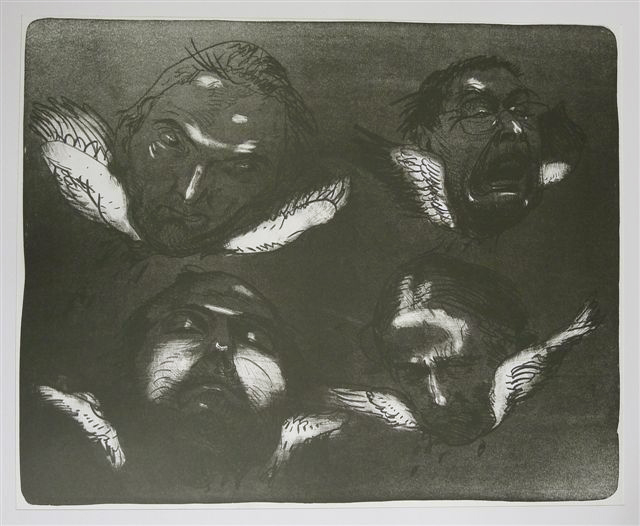 vier gesichter Kathedrale des Künstlers Lithografie Johannes Grützke Holzschnitt Radierung Schabradierung Offsetdruckt Druckgrafik Kaltnadelradierung